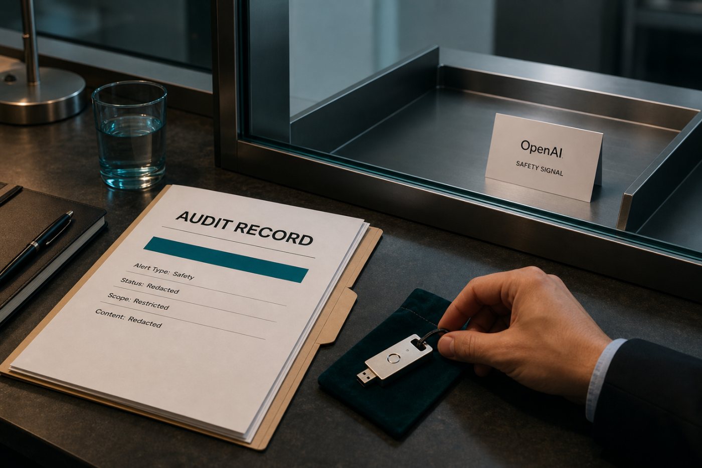 Un equipo empresarial audita una alerta y el control de claves mientras OpenAI conserva únicamente una señal de seguridad limitada.