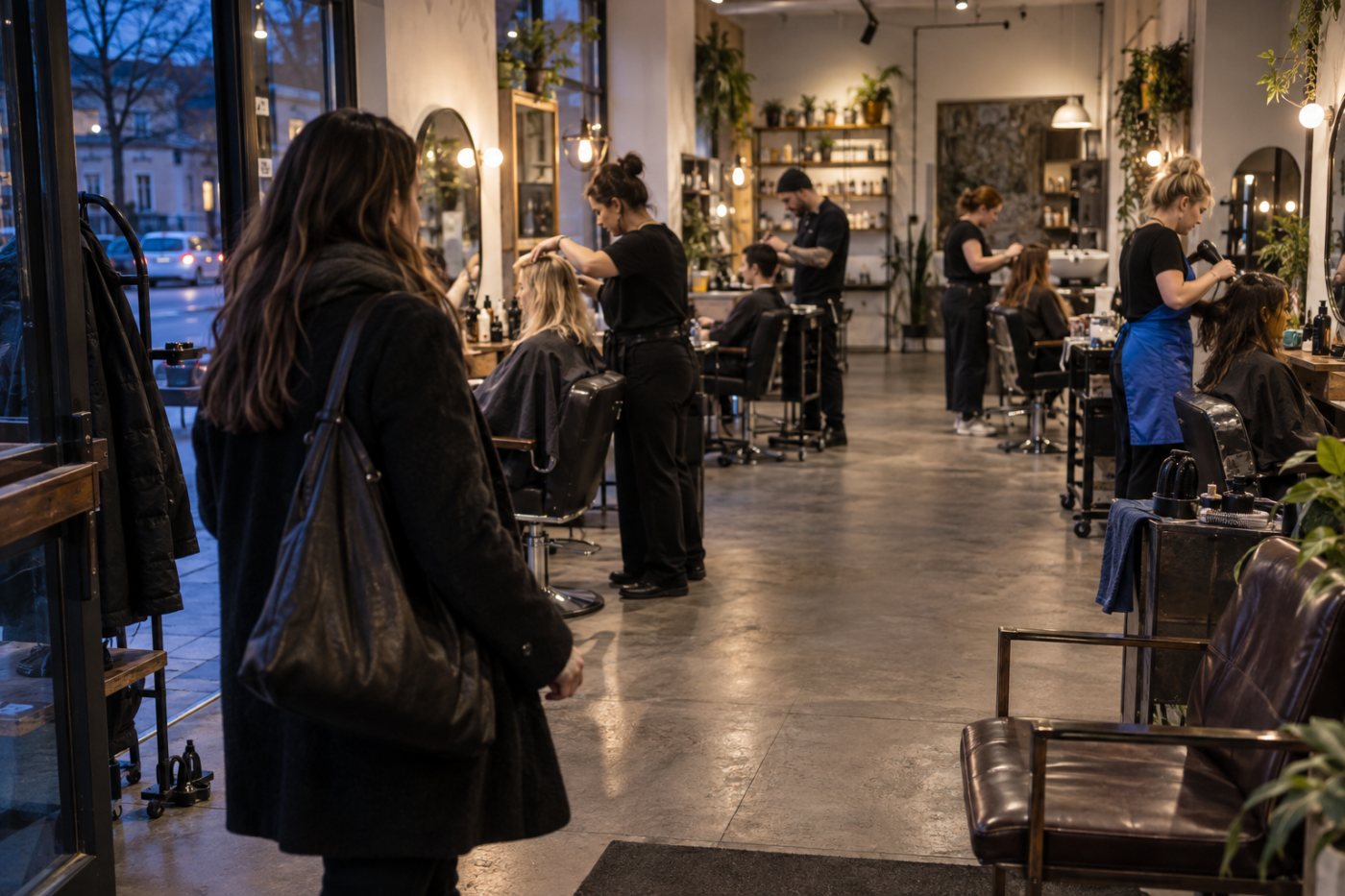 Pětičlenný salon obsluhuje klienty; společný počet rezervací určuje potřebný tarif.