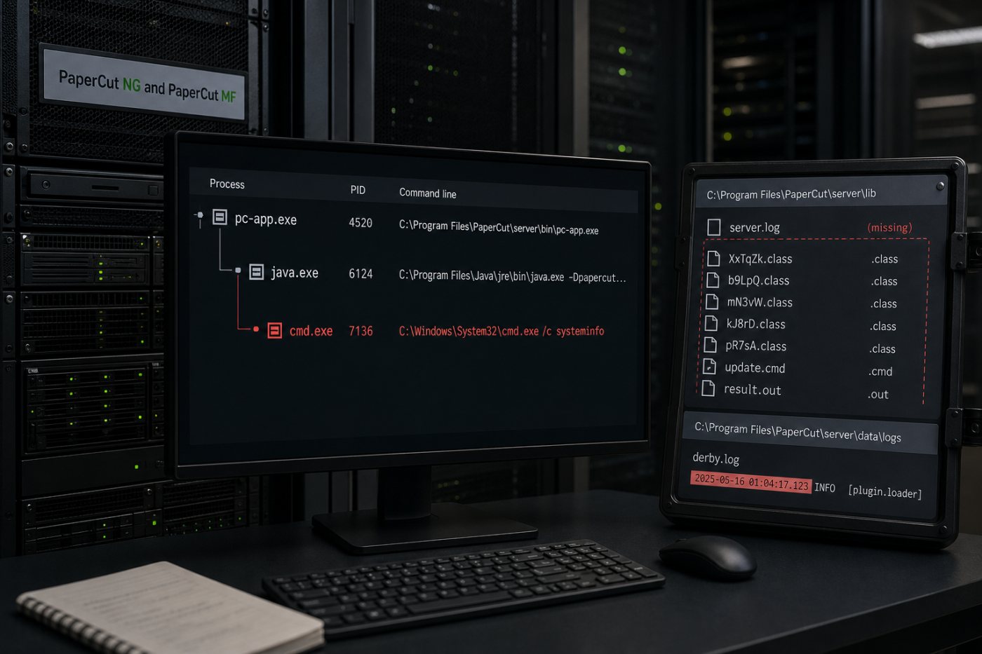 Forensische Prüfung eines PaperCut-Servers mit auffälliger pc-app.exe-Aktivität, fehlender server.log und ungewöhnlichen Java-Dateien.