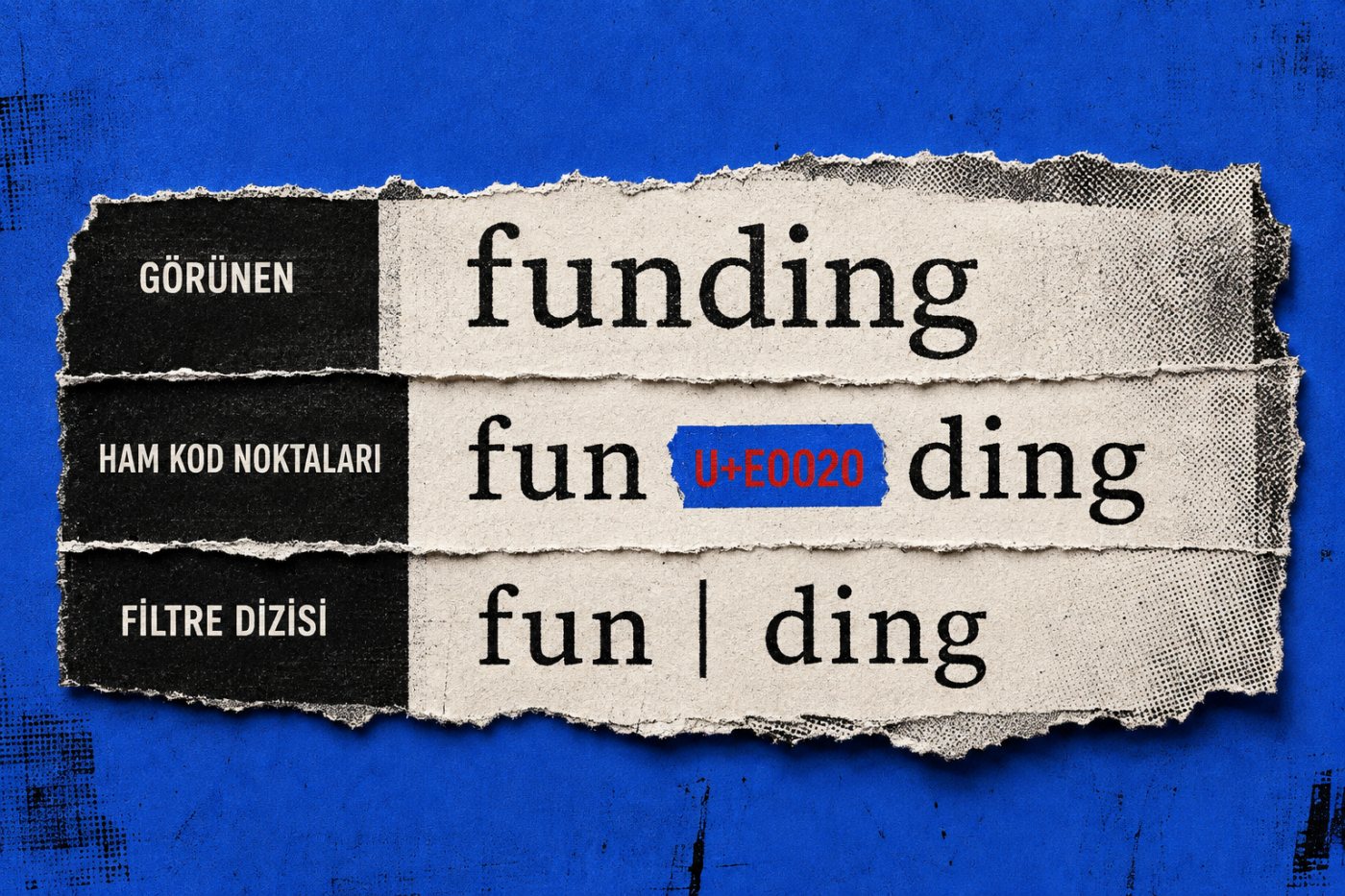 Funding sözcüğünün kullanıcıya kesintisiz görünürken U+E0020 kod noktasıyla filtrede parçalanması