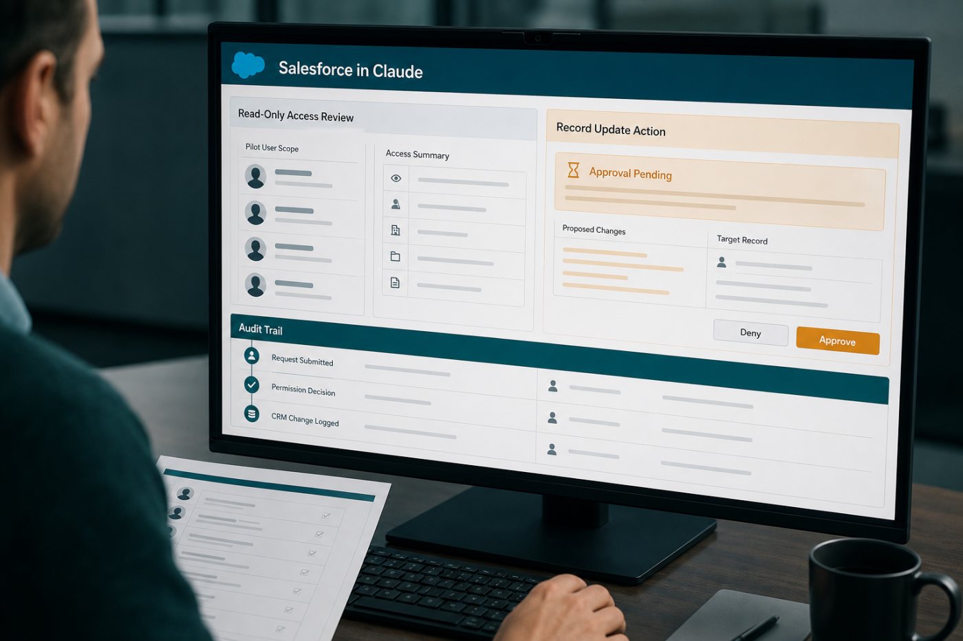 CRM administrator Salesforce in Claude pilot کے permissions، approvals اور audit trail کی جانچ کرتا ہوا