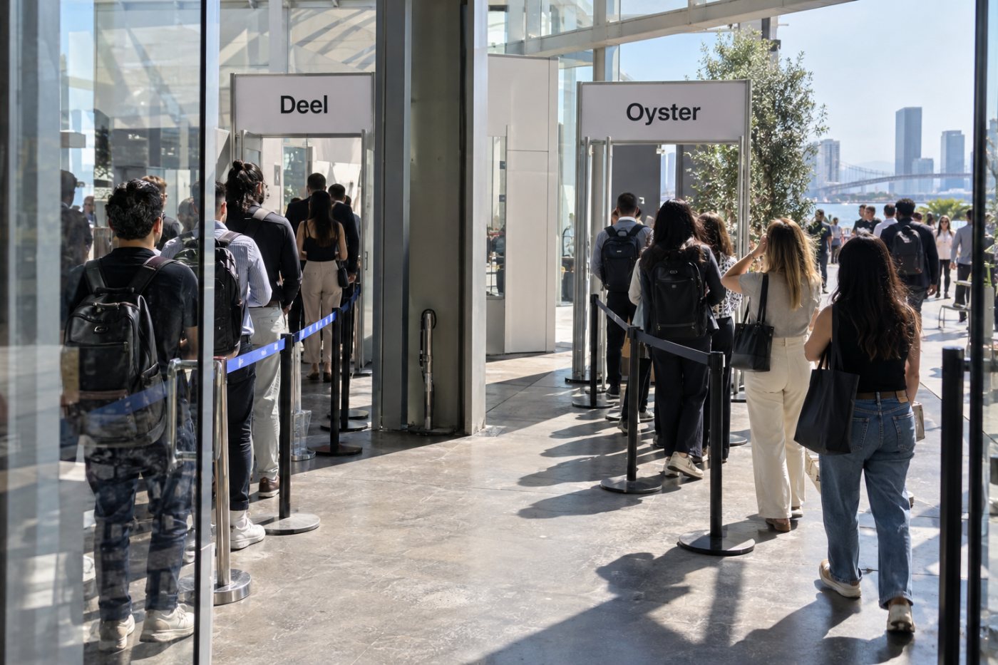 Deel and Oyster platform fees tie for two EOR employees and ten contractors; Oyster costs less when the contractor count reaches twelve.