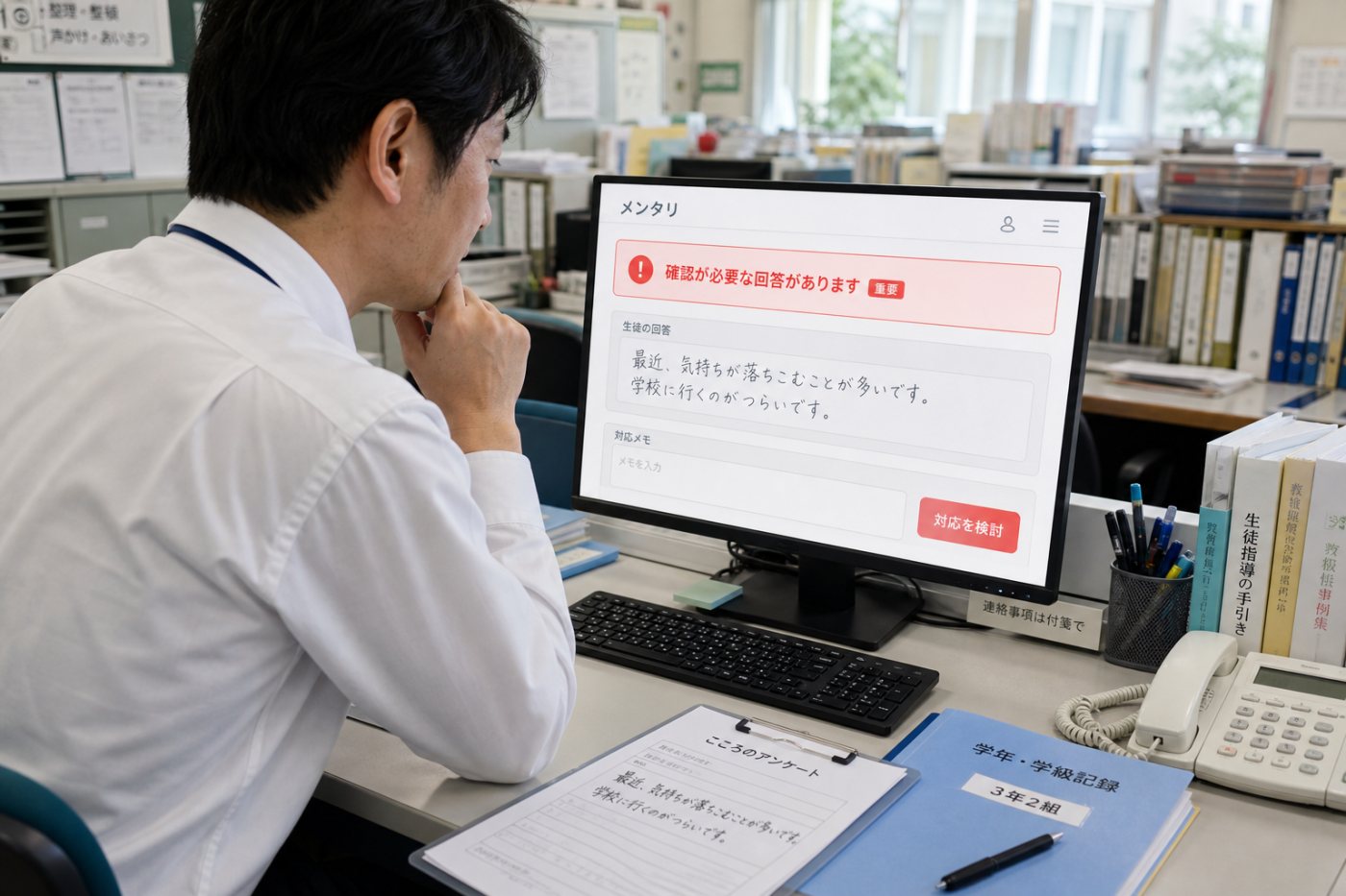 メンタリがアンケートの自由記述を分析し、緊急性の通知と元の回答を教師の確認につなぐ流れ