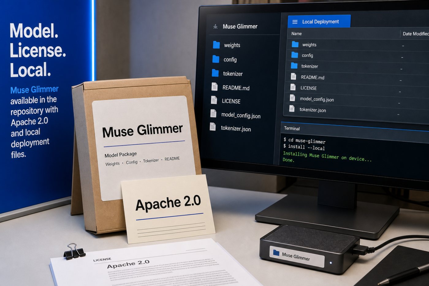 Muse Glimmer के डाउनलोड योग्य भार, Apache 2.0 लाइसेंस और स्थानीय तैनाती सामग्री