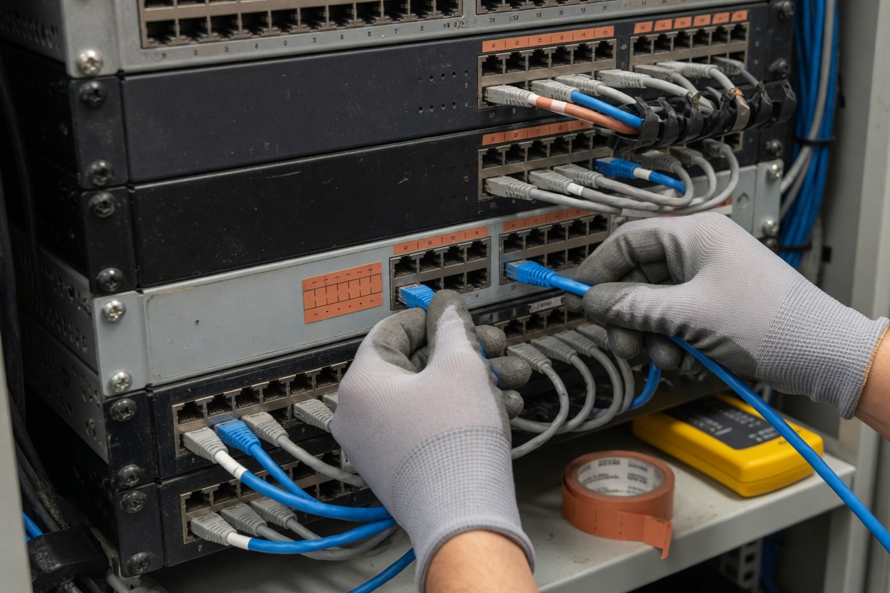 Technicians handling network cabling for high-performance AI infrastructure in a data center.