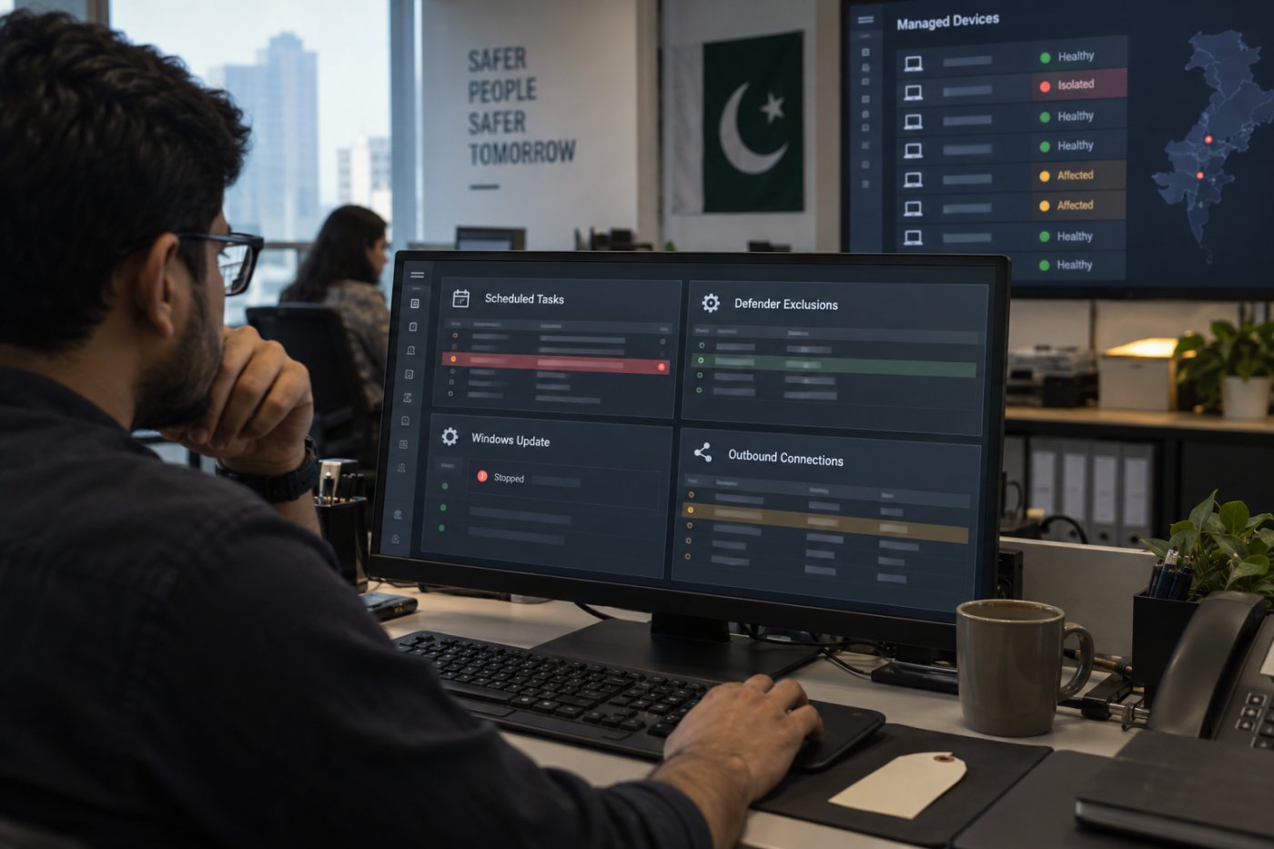 متاثرہ Windows endpoint کی isolation اور scheduled tasks، Defender changes اور network activity کی enterprise جانچ