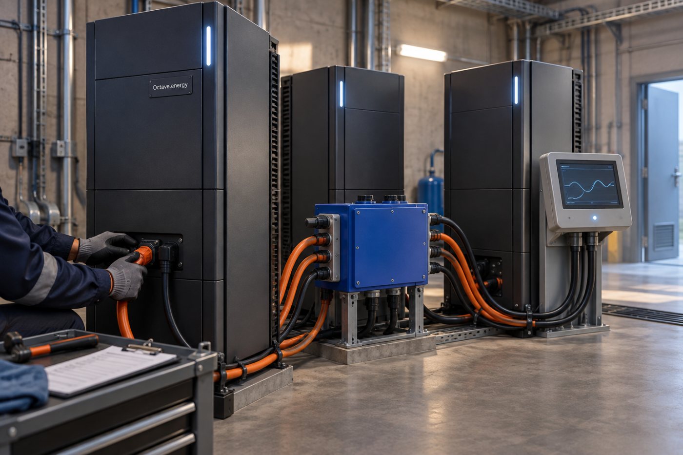 Ein Octave.energy-Speichersystem verbindet Batteriehardware mit Überwachung und Energiesteuerung.
