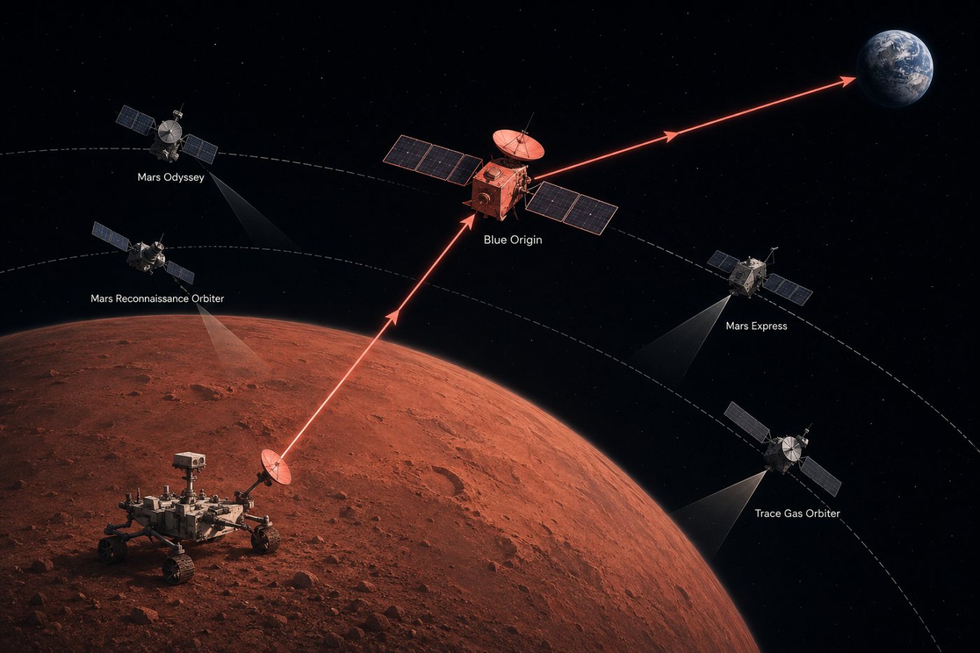 Rover Mars menggunakan orbiter telekomunikasi khusus sementara orbiter sains menjalankan tugas pengamatan terpisah.