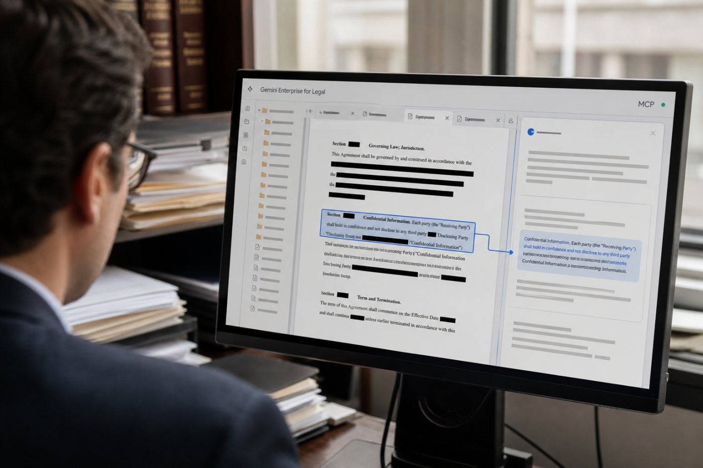 Gemini Enterprise for Legal acessa um contrato autorizado por um conector MCP e mantém a revisão ligada ao documento de origem.