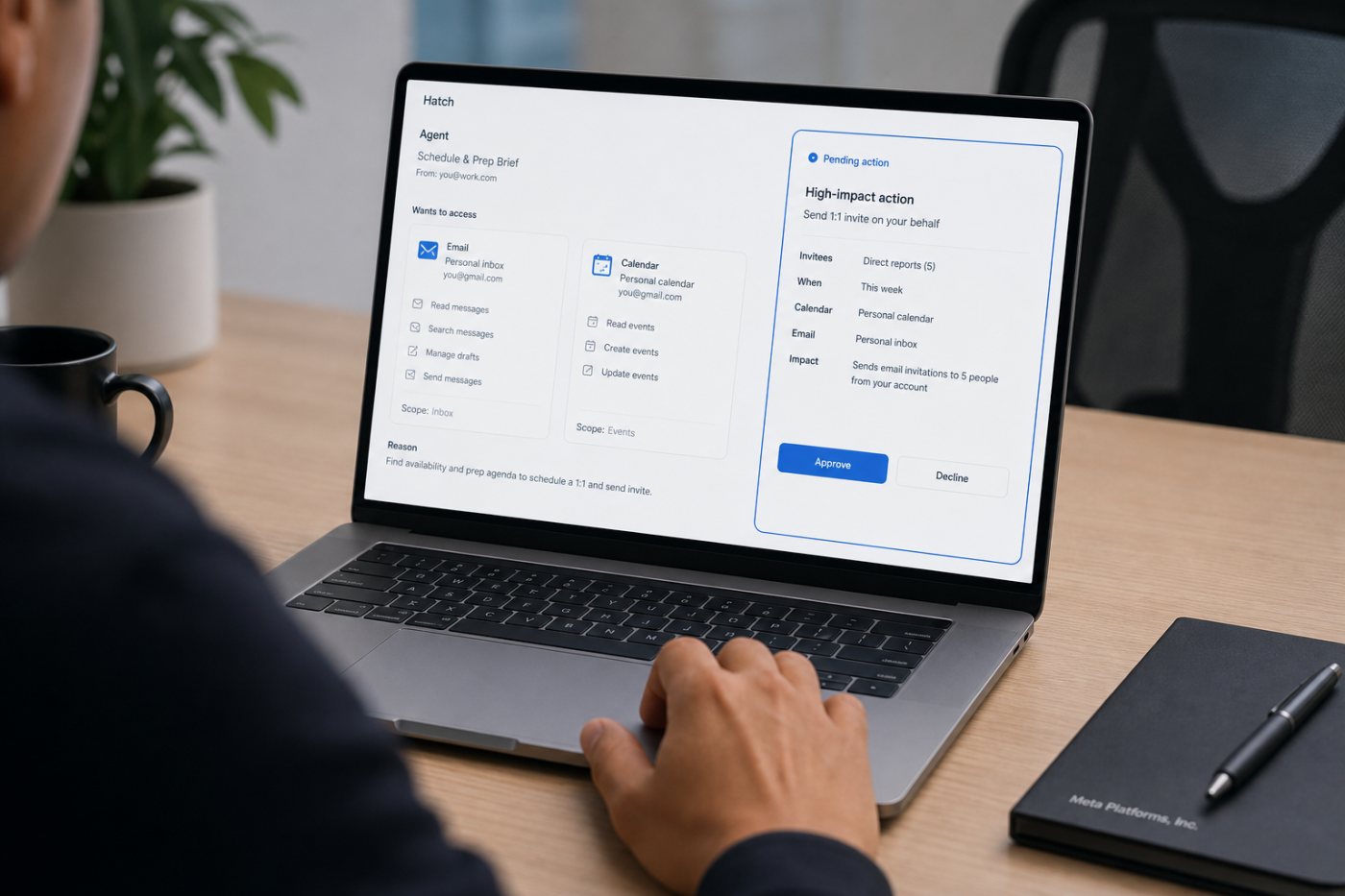 Hatch পরীক্ষায় ব্যক্তিগত email ও calendar permission এবং ভুল action ঠেকাতে human approval-এর প্রশ্ন