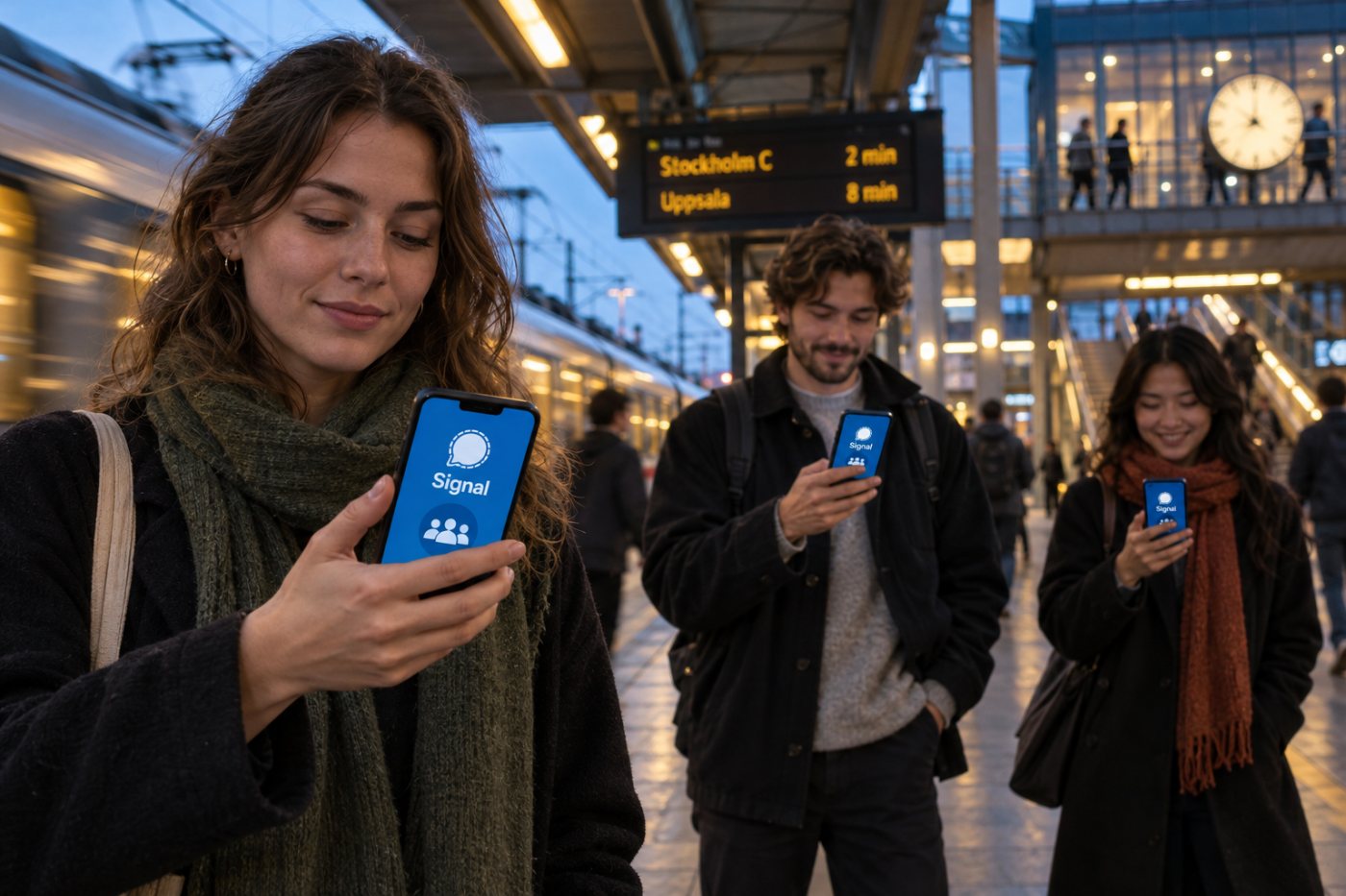 En Signal-grupp där meddelanden går till gruppens deltagare med totalsträckskryptering.