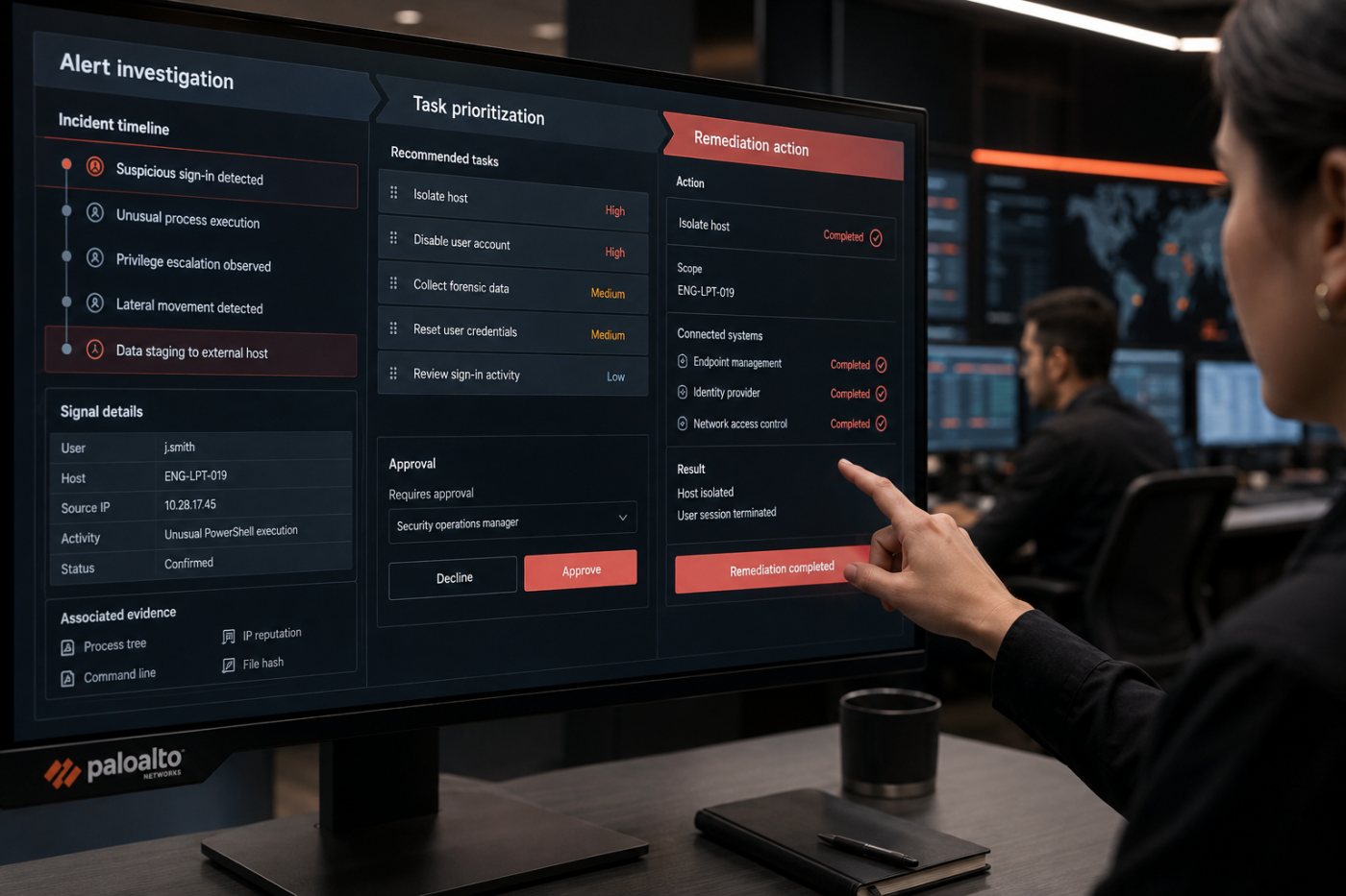 Quy trình Cortex dùng năng lực tác nhân của Console để điều tra, ưu tiên và xử lý cảnh báo
