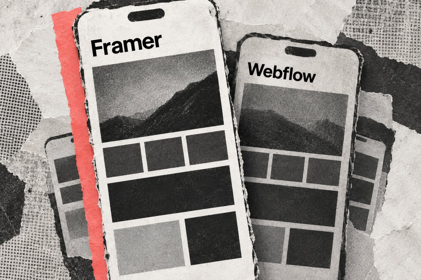 Framer en Webflow naast elkaar met hun gemeten mediane mobiele prestatiescores van 90 en 78.