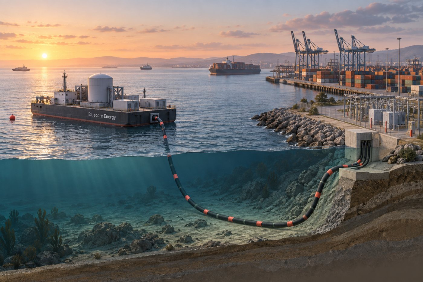 Sistema flutuante da Bluecore fornece energia planejada ao Porto de Long Beach por conexão submarina.