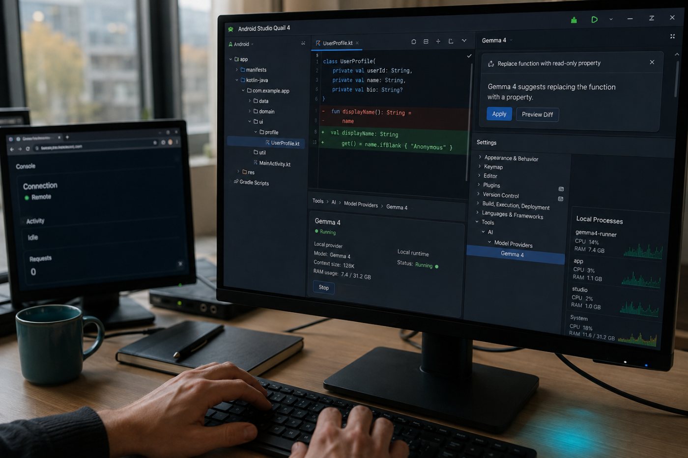 Gemma 4 bearbeitet Code lokal in Android Studio Quail 4, getrennt von gehosteten Modellverbindungen.