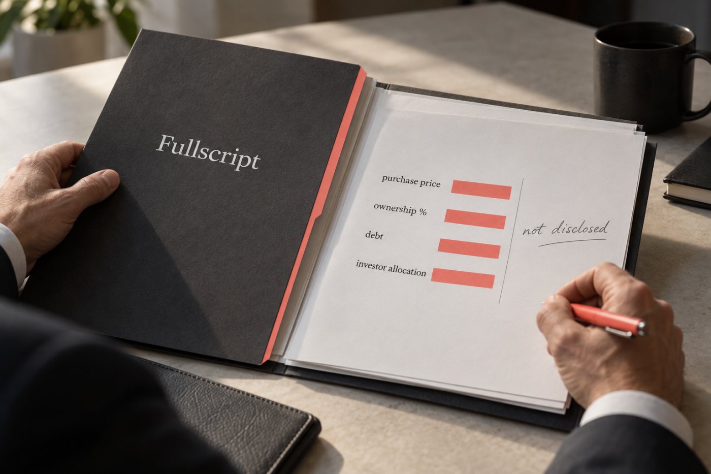 거래가격과 정확한 지분율이 공개되지 않아 Fullscript 기업가치를 계산할 수 없는 상태