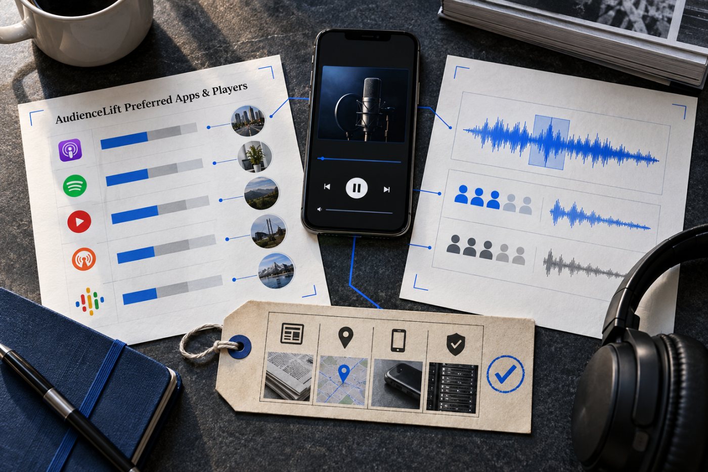 Campaign and podcast-host records distinguish exposure, acquired listeners, retention and traffic quality.