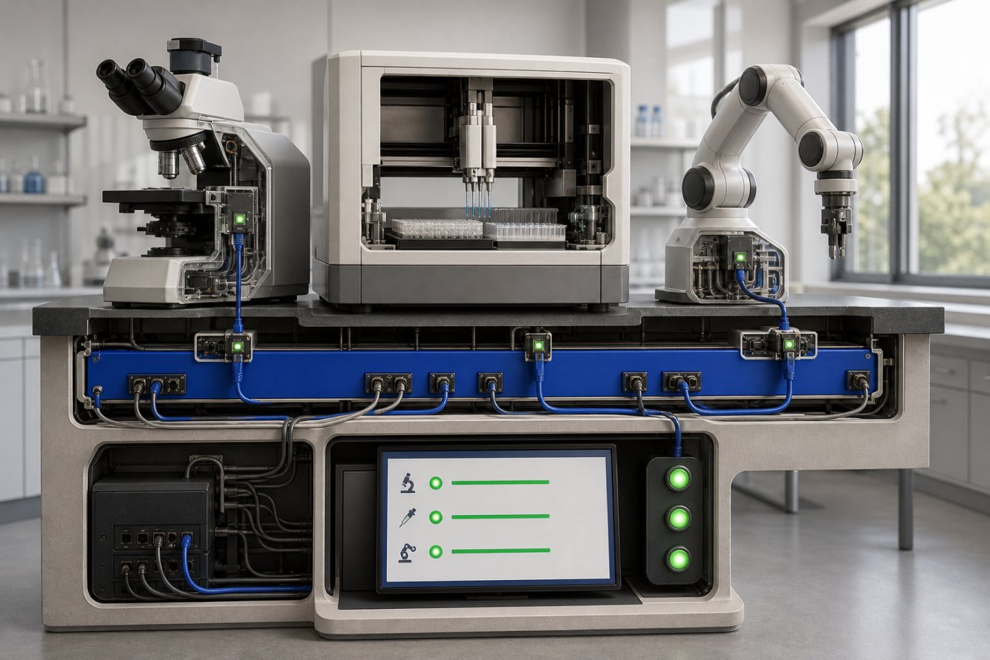 MHS führt die Zustände von Mikroskop, Liquid Handler und Roboterarm an einer gemeinsamen Steuerung zusammen.
