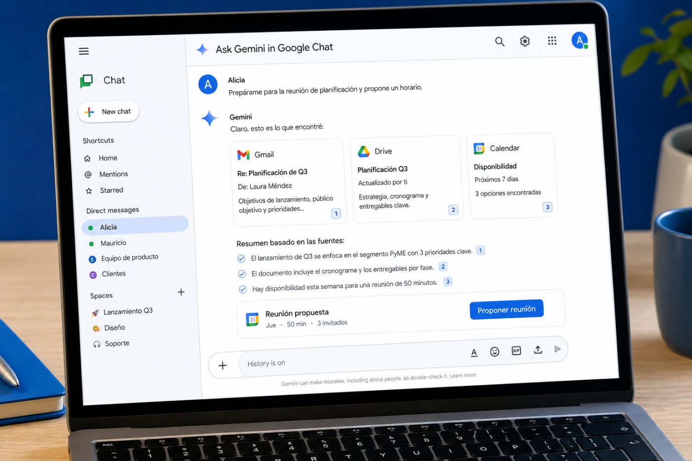 Ask Gemini reúne datos de Gmail, Drive y Calendar y propone una acción desde Google Chat.