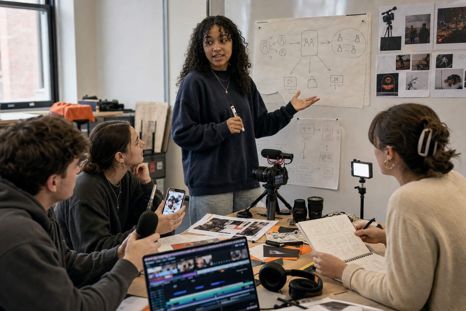 Students developing a creator startup project in an interdisciplinary university workshop
