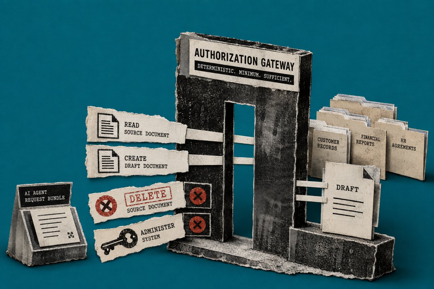 Gateway concede ao agente apenas leitura e criação de rascunho, bloqueando exclusão e administração.