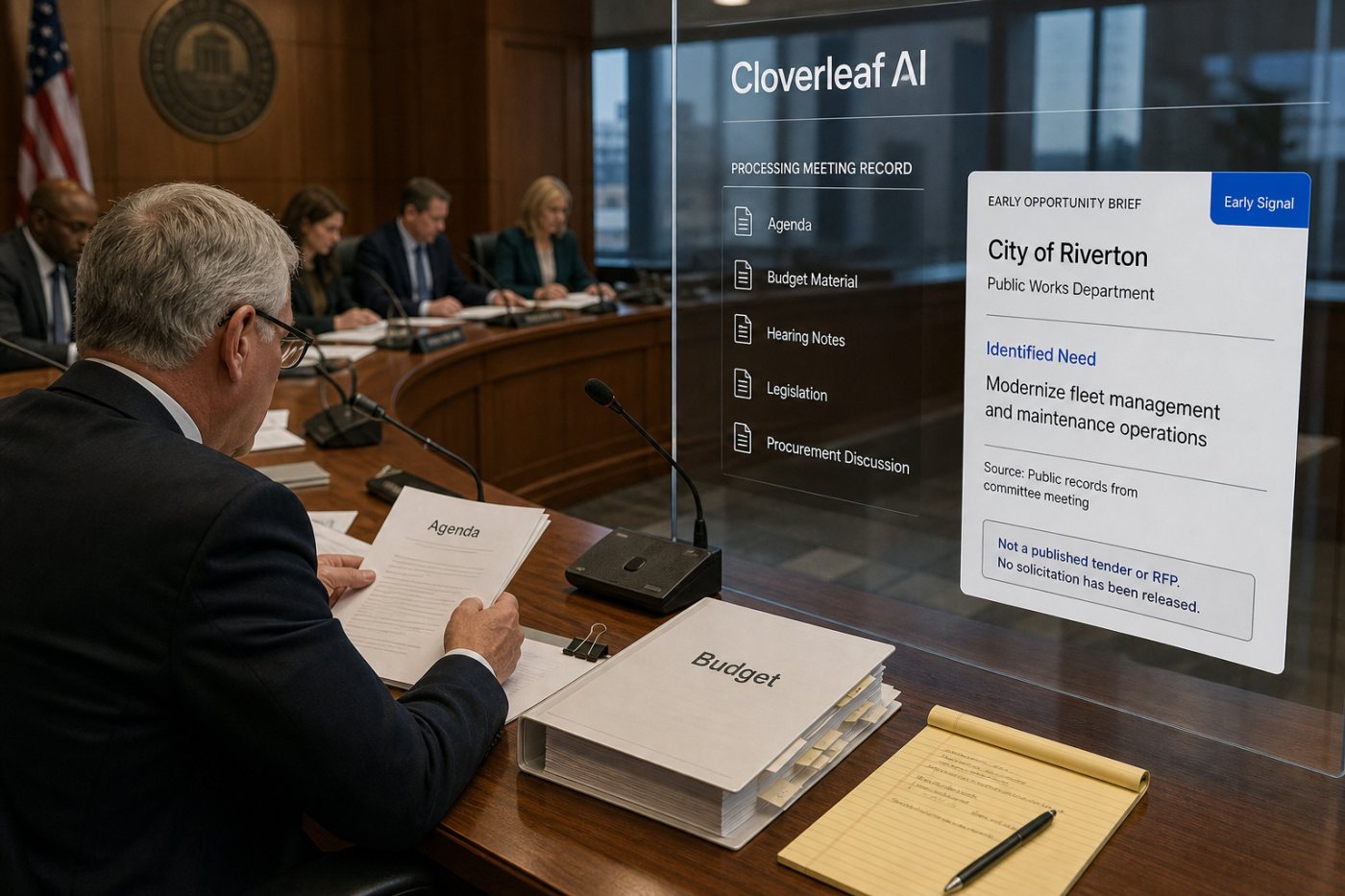 Cloverleaf AI सार्वजनिक बैठक और बजट सामग्री से औपचारिक RFP से पहले बिक्री अवसर पहचानता है