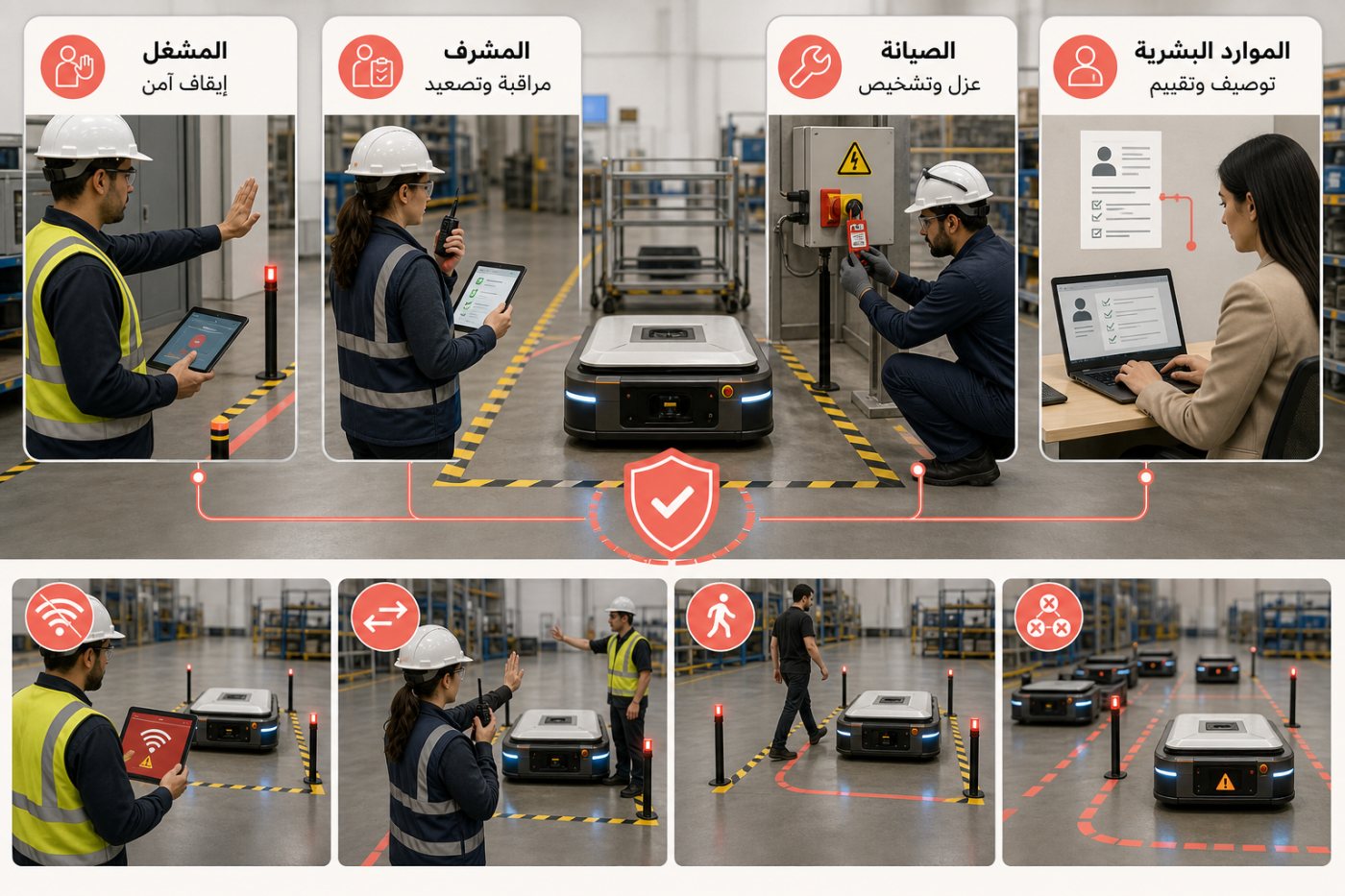 عاملون يتدربون على الإيقاف الآمن والصيانة وإدارة الاستثناءات في وردية مشتركة مع الروبوتات
