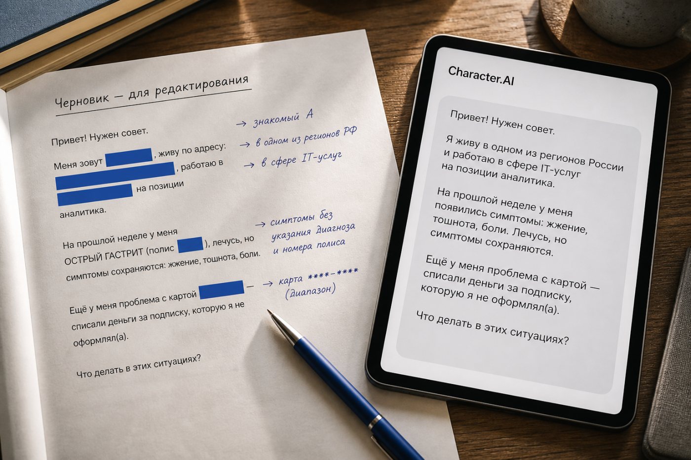 Личные идентификаторы в сообщении для Character.AI заменены нейтральными описаниями без потери смысла вопроса.