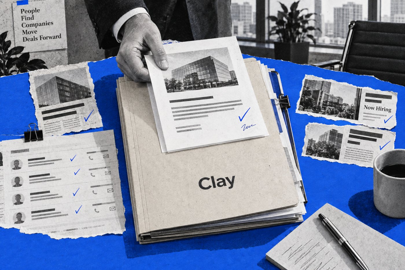 Clayが社内外の情報を統合し、大企業向けの見込み客調査と営業準備を進める流れ
