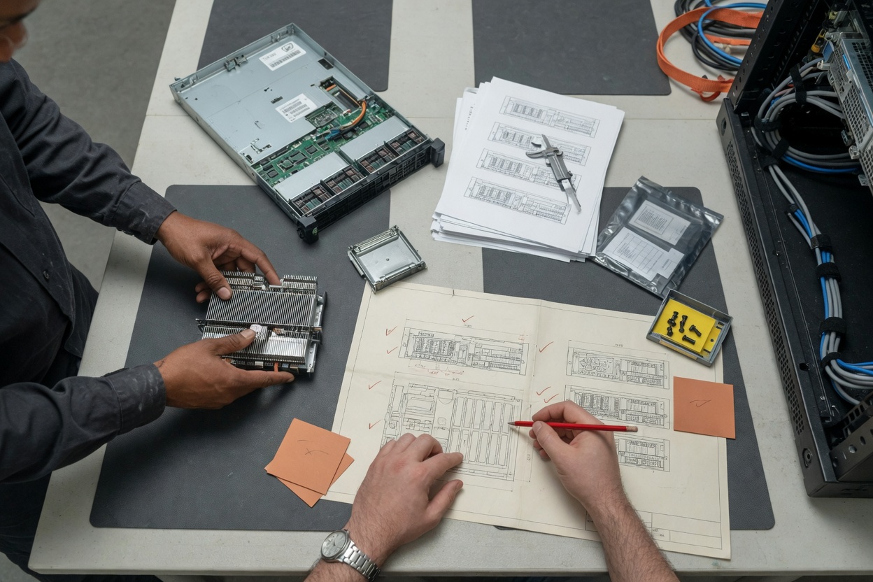 Planning team examining hardware parts and guides for enterprise AI system deployment.
