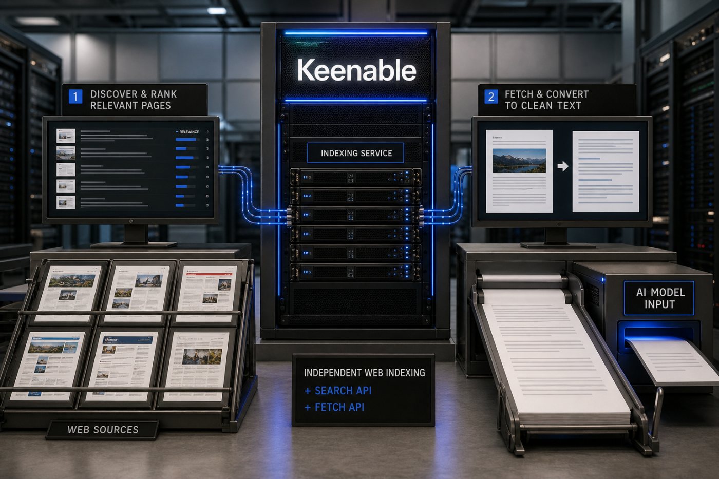 Keenable-এর ওয়েব সূচক থেকে AI development environment-এ search ফল ও ব্যবহারযোগ্য page content সরবরাহ