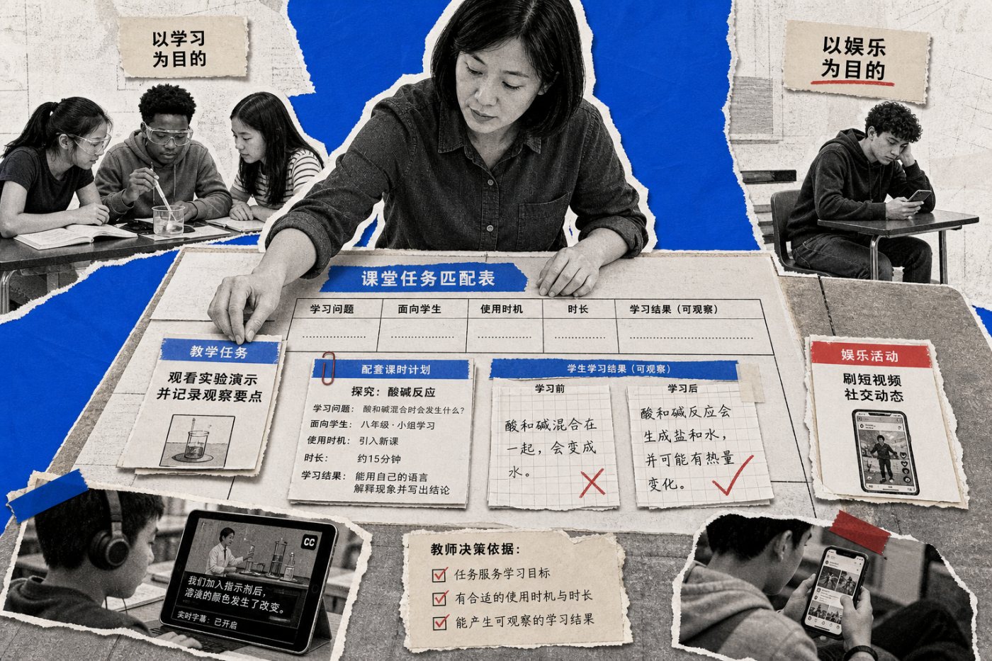 教师按学习问题、使用时机、适用学生、时长和效果证据区分教学技术与娱乐性屏幕活动