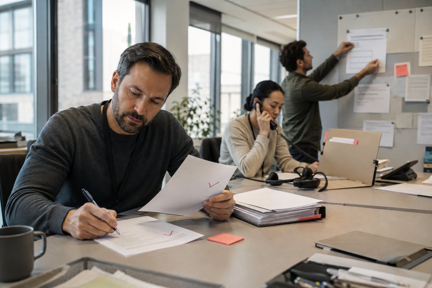Ein Team verwendet durch KI gewonnene Zeit für Qualitätsprüfung, Kundenarbeit und gemeinsamen Wissensaufbau.