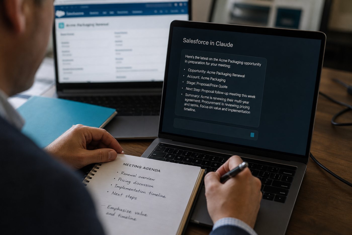 Salesforce in Claude prépare une réunion à partir du contexte d’une opportunité tout en laissant l’exécution au système Salesforce.