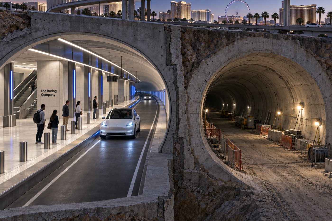 Passengers use an operating Vegas Loop station while the wider network remains under expansion.