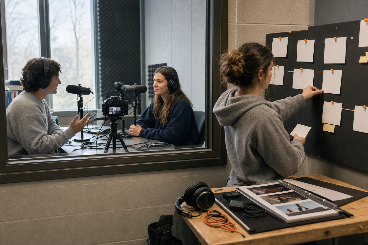 Student creators producing a podcast project in a university recording space