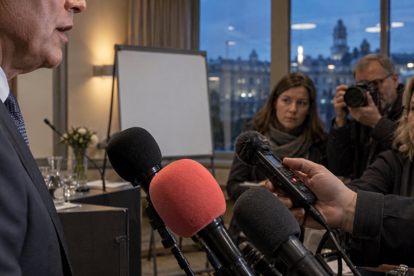 Audio Buddy muuntaa tiedotustilaisuuden tallenteen tekstiksi, jotta toimittaja voi siirtyä aineiston tarkistamiseen.