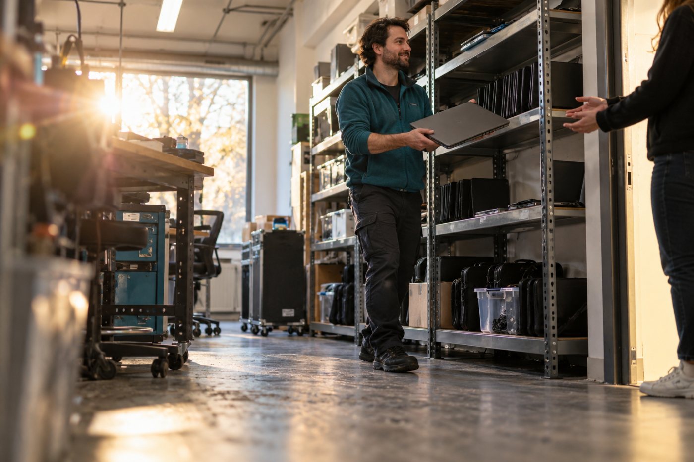 Een laptop wordt in een interne IT-ruimte klaargemaakt als resultaat van een personeelsverzoek via Zendesk Employee Service AI Agents.