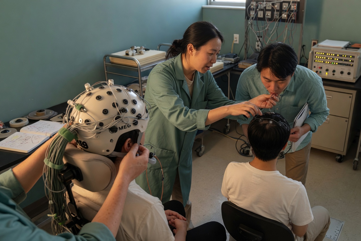 Team setting up MEG scanner for data collection in neuroscience lab.