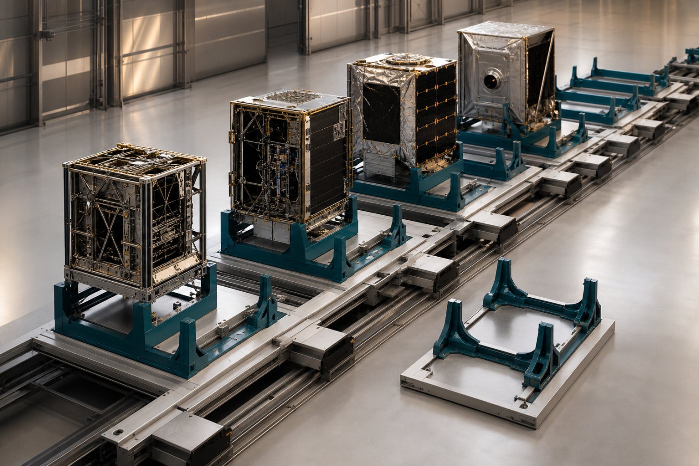 Etapas de fabricación de Muon Space que distinguen capacidad instalada y satélites completados