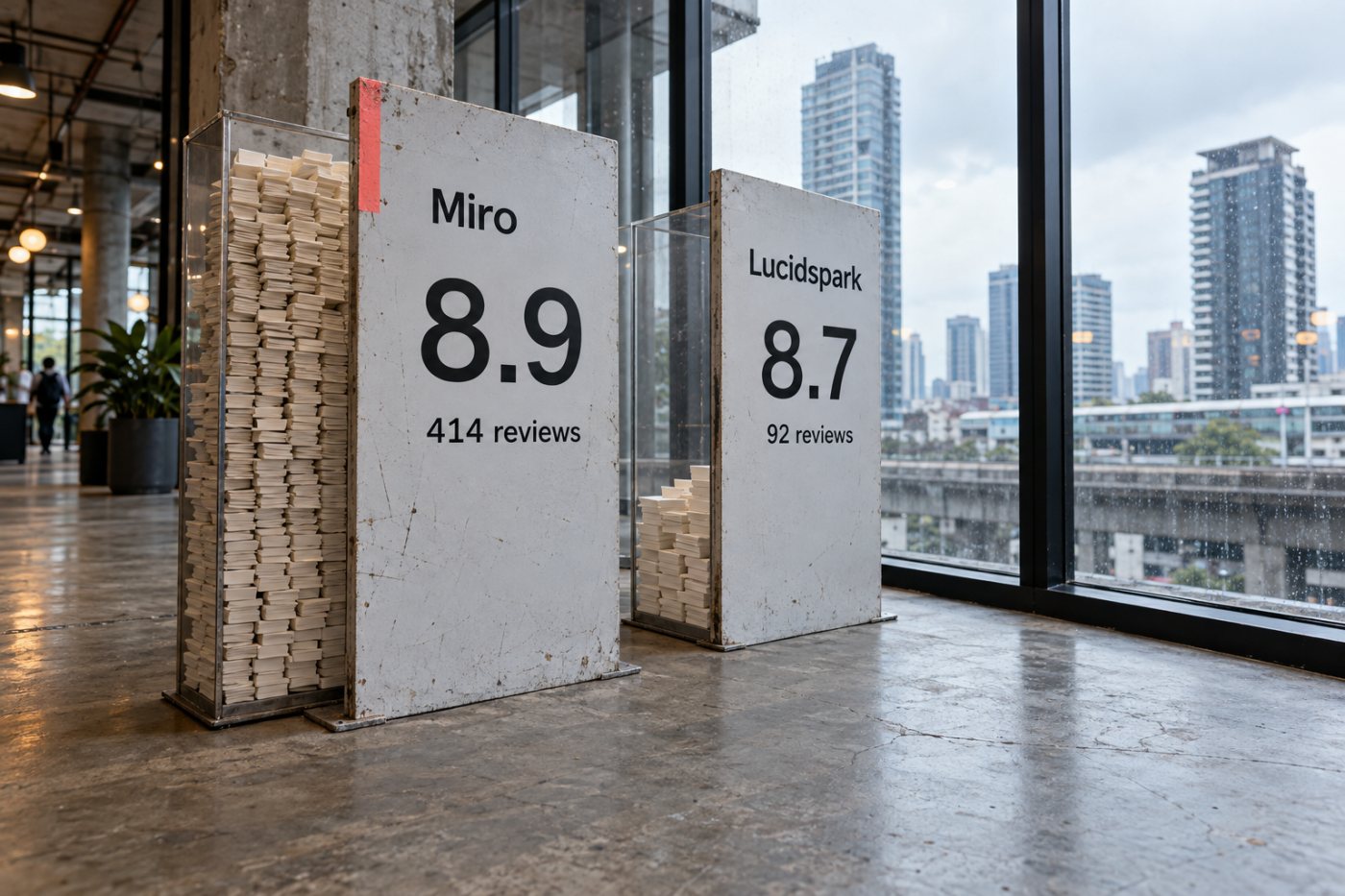 คะแนนรวมของ Miro และ Lucidspark ใกล้กัน แต่จำนวนรีวิวที่ใช้เปรียบเทียบต่างกัน
