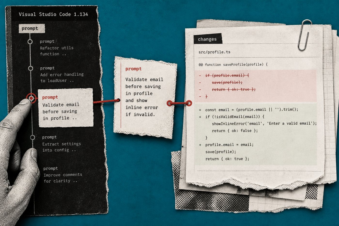 La línea temporal de VS Code 1.134 conecta un prompt seleccionado con los cambios que produjo en archivos.