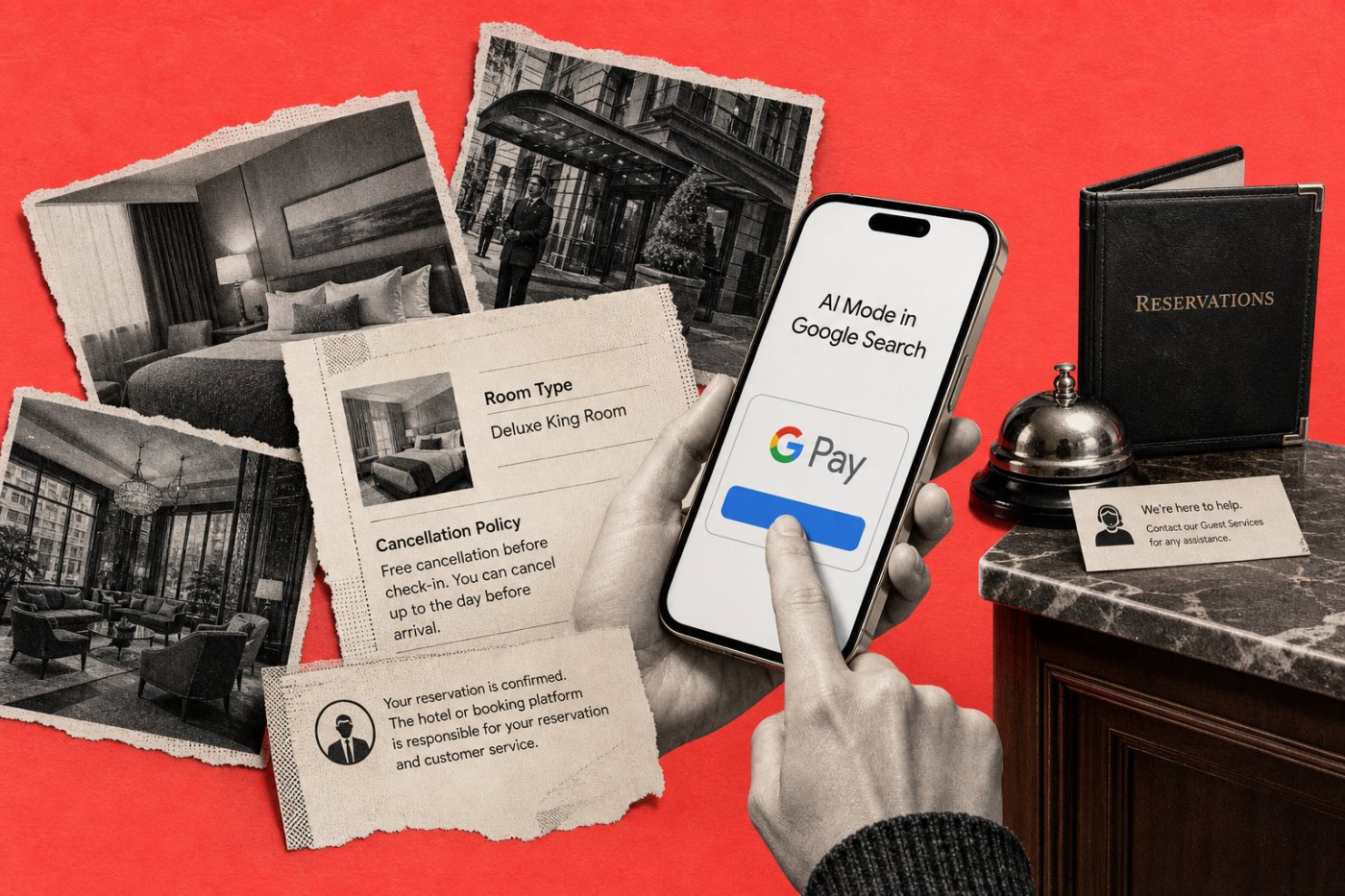 米国英語版のAI Modeでホテルを選び、条件確認とGoogle Pay決済へ進む予約フロー