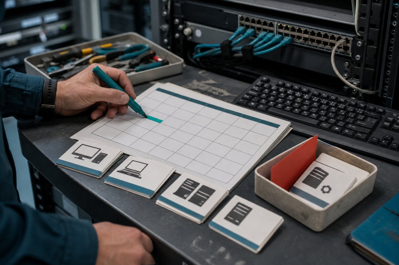 Calendário operacional preparado para a segunda terça-feira, com inventário de produtos Microsoft e fluxo separado para correções fora de banda.