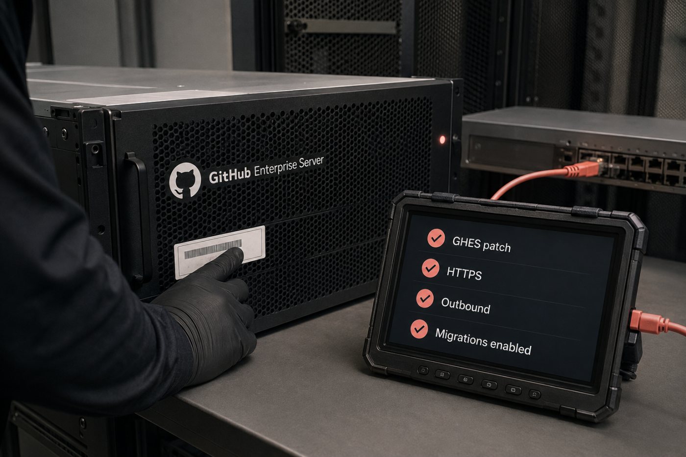 A GHES appliance passes the supported-patch, HTTPS, connectivity and migrations-configuration checks required for ELM.