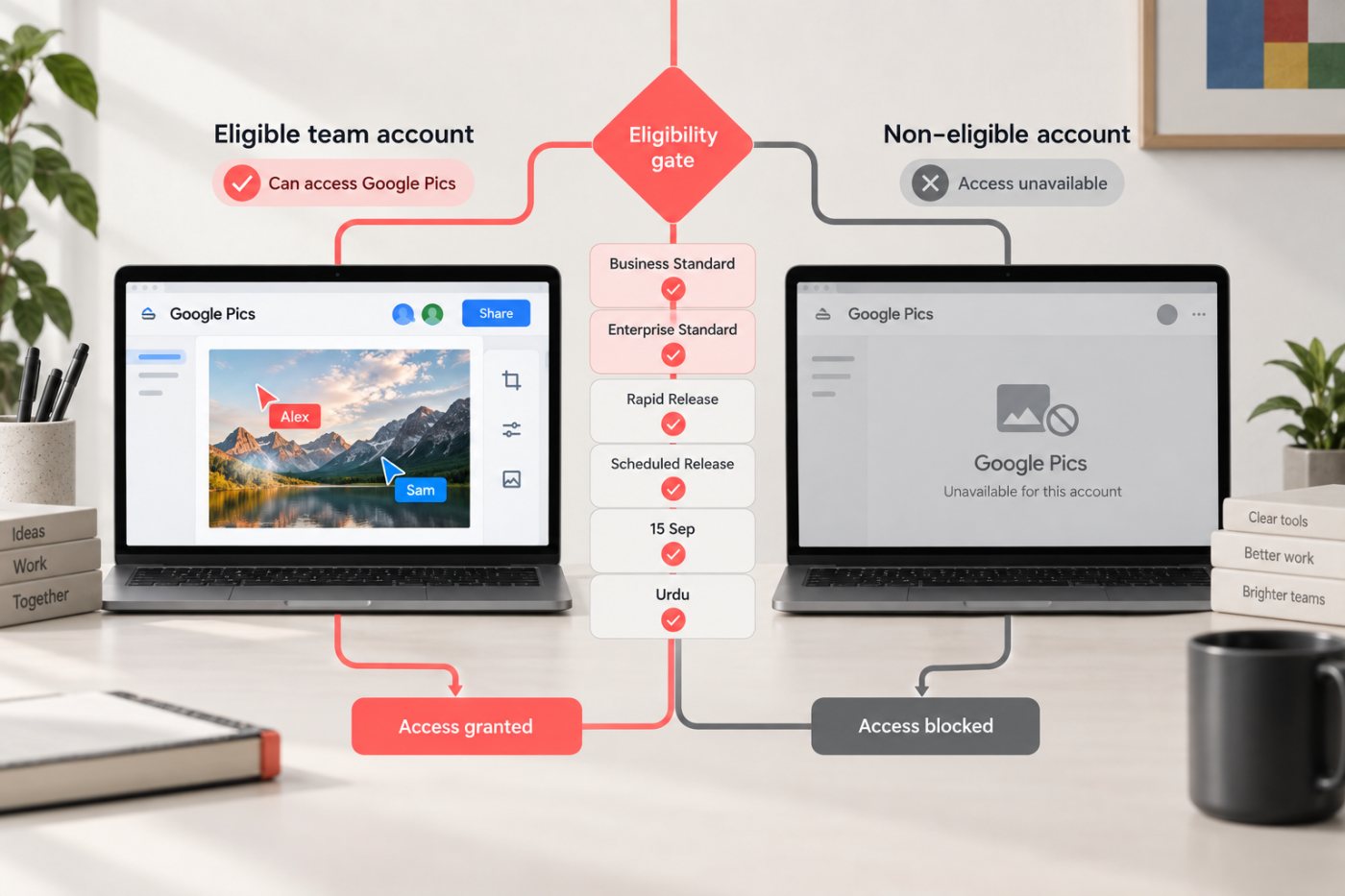 اہل Workspace account میں Google Pics collaboration اور غیر اہل account پر محدود رسائی کا تقابل