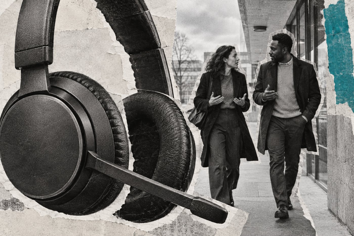 Colleagues continue a conversation after a meeting, reflecting the greater collaboration reported by frequent AI users in Jabra’s WorkLife 2026 survey.