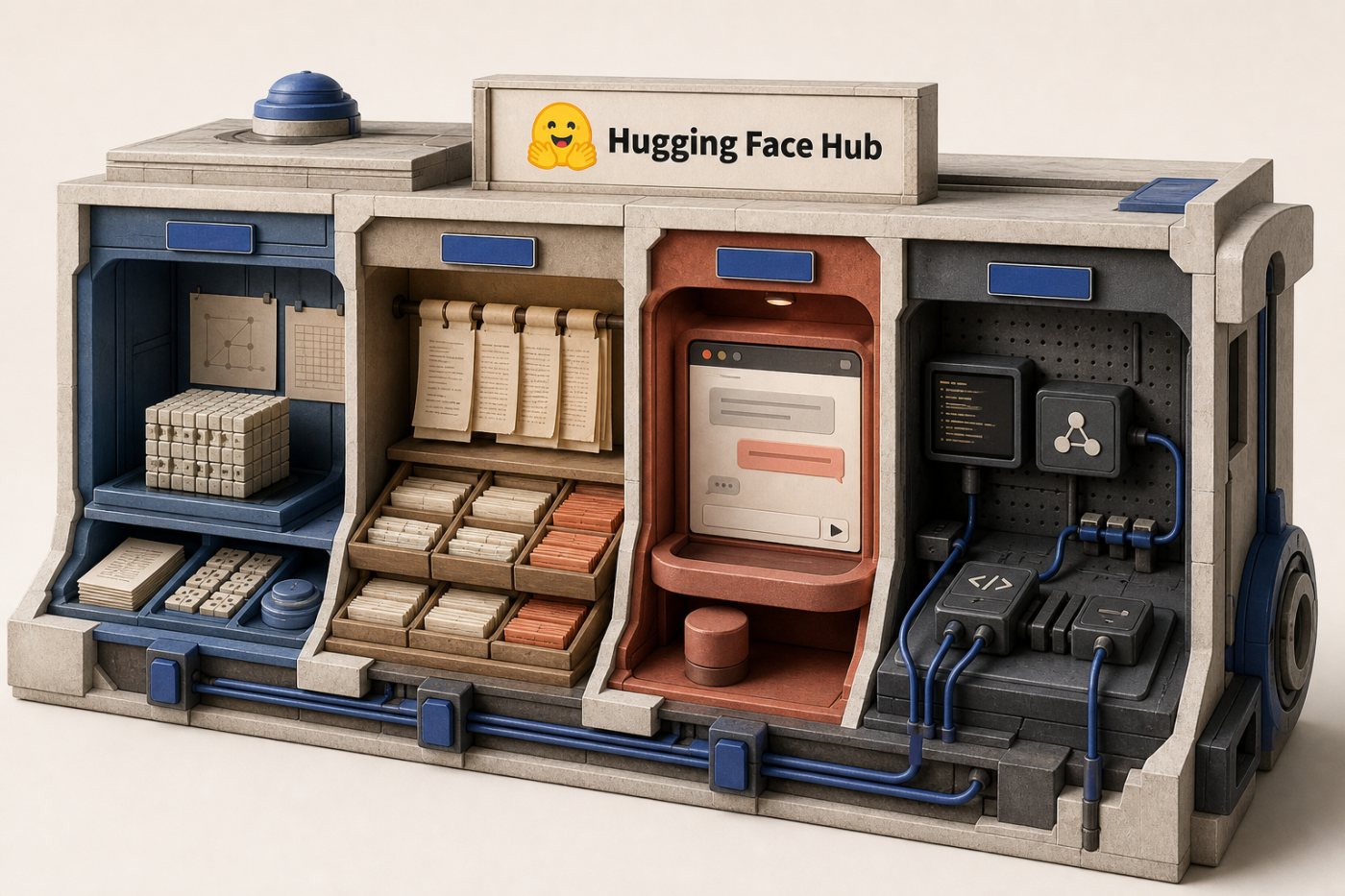 Bốn lớp của Hugging Face Hub đảm nhiệm các vai trò khác nhau trong một dự án AI tiếng Việt.