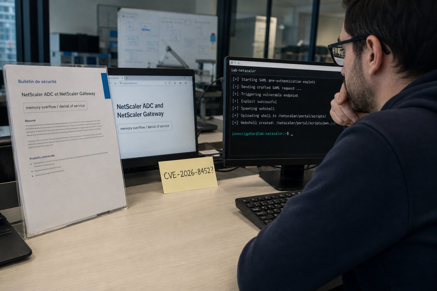 La description officielle de déni de service est confrontée à la démonstration d’exécution de code, avec l’attribution à CVE-2026-8452 encore incertaine.