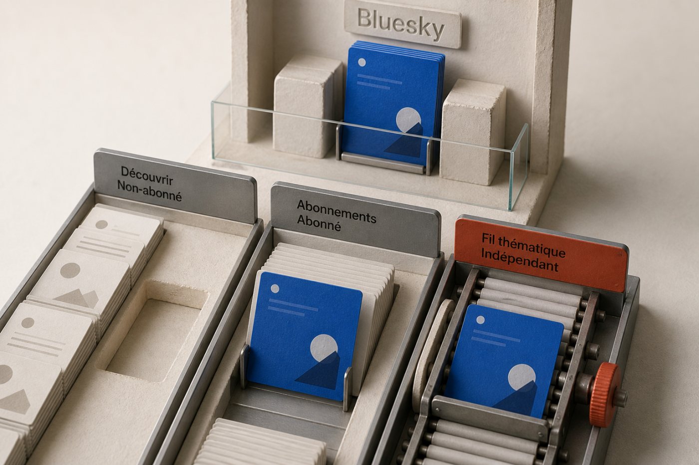Un même post Bluesky est masqué dans Discover pour un non-abonné, mais reste visible aux abonnés et dans un fil thématique.